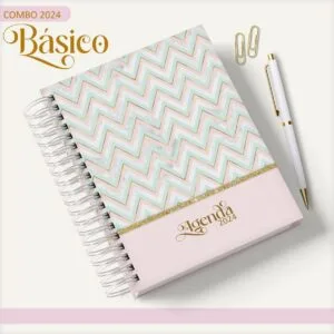 Agenda espiral com capa de ziguezague, caneta branca e clipes sobre fundo neutro.