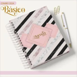 Caderno espiral com listras diagonais pretas brancas e douradas com caneta e clipes