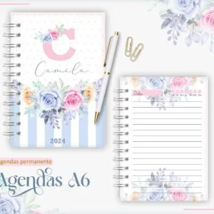 Agenda A6 Floral Rosa com Azul