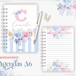 agenda a6 floral rosa com azul arquivo digital papel e cia