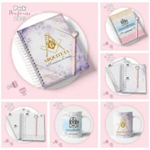 Apresentação em grade mostrando capas e estampas personalizadas para cadernos e canecas.