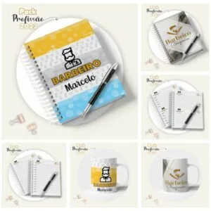Agenda Barbeiro Masculina 13 Coleção de itens personalizados com estampa de barbearia incluindo cadernos e canecas brancas.