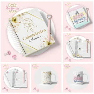 Agenda Cabeleireira Feminina 8 Cadernos e canecas personalizados com temas profissionais exibidos sobre fundo rosa.
