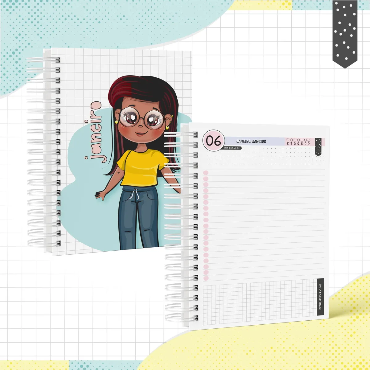 Caderno espiral aberto com ilustração de menina e página de planejamento diário.