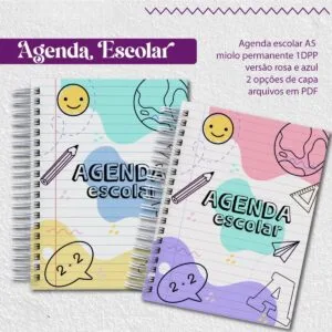 Agenda Escolar 2025 - Arquivos Encadernação 10 Duas capas de agenda escolar coloridas com desenhos infantis e espiral lateral.