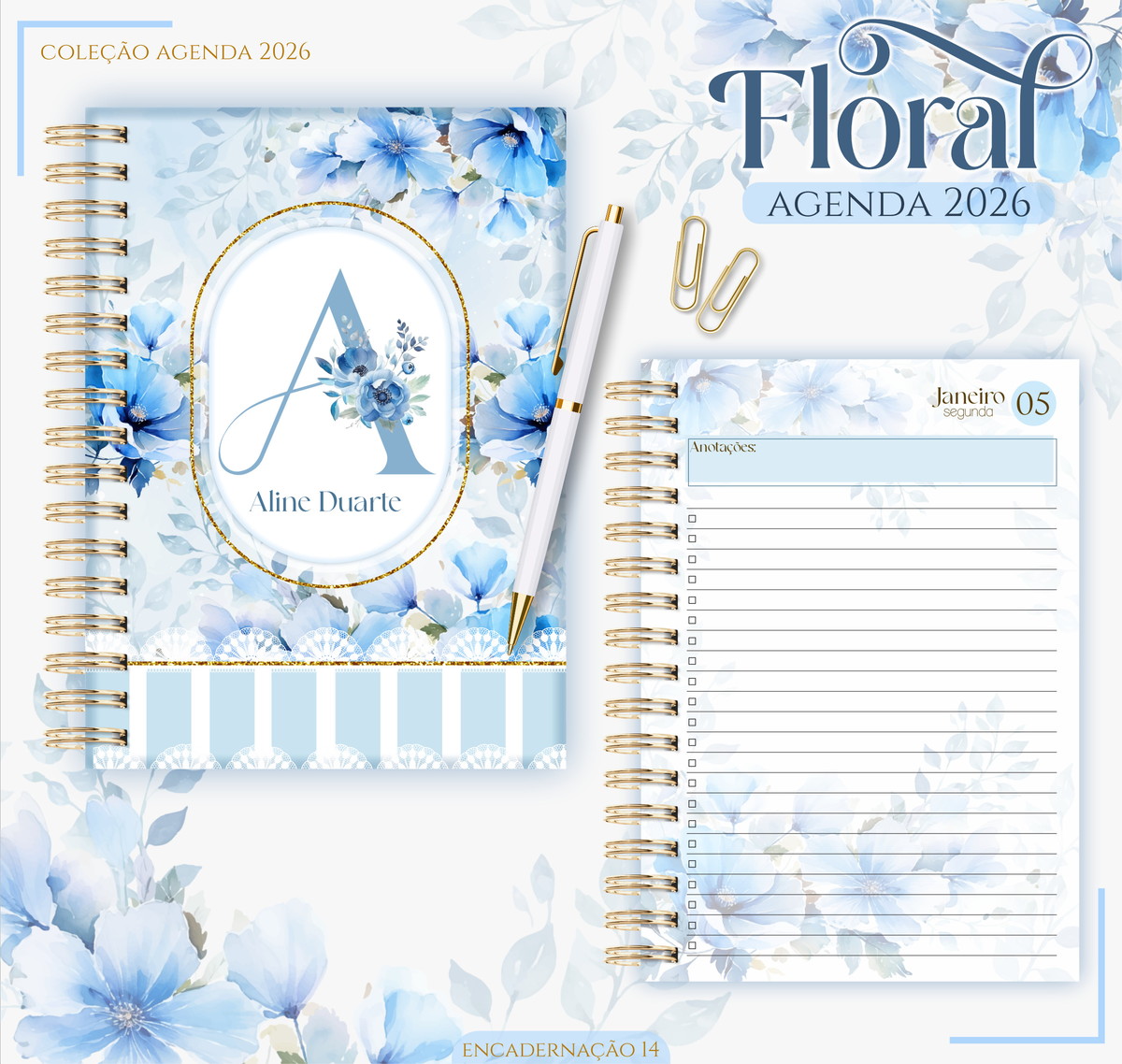 Agenda Feminina Floral Azul 2026 - Arquivo Digital 1 Agenda Feminina Floral Azul 2026 - Arquivo Digital