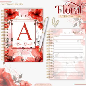 Agenda Feminina Floral Vermelho 2026 - Arquivo Digital