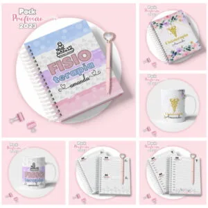 Cadernos e canecas personalizados com temas de fisioterapia em fundo rosa claro.