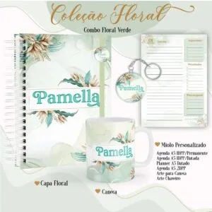 Agenda Floral Verde 2023 20 Kit de papelaria personalizado com agenda, caneca e chaveiro com estampa floral verde.