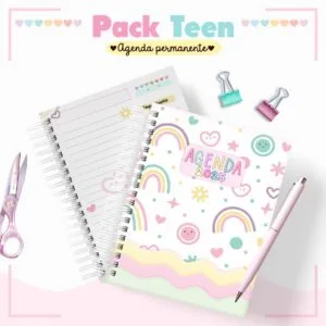 Agenda colorida com temática fofa, caneta, tesoura e clipes em fundo decorado.