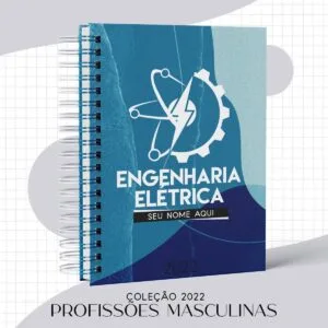 Caderno espiral azul com tema de engenharia elétrica e texto descritivo.