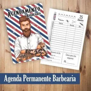 Agenda para Agendamento Barbeiro 12 Agenda permanente de barbearia com ilustração de homem barbado tatuado e folha de agendamento.
