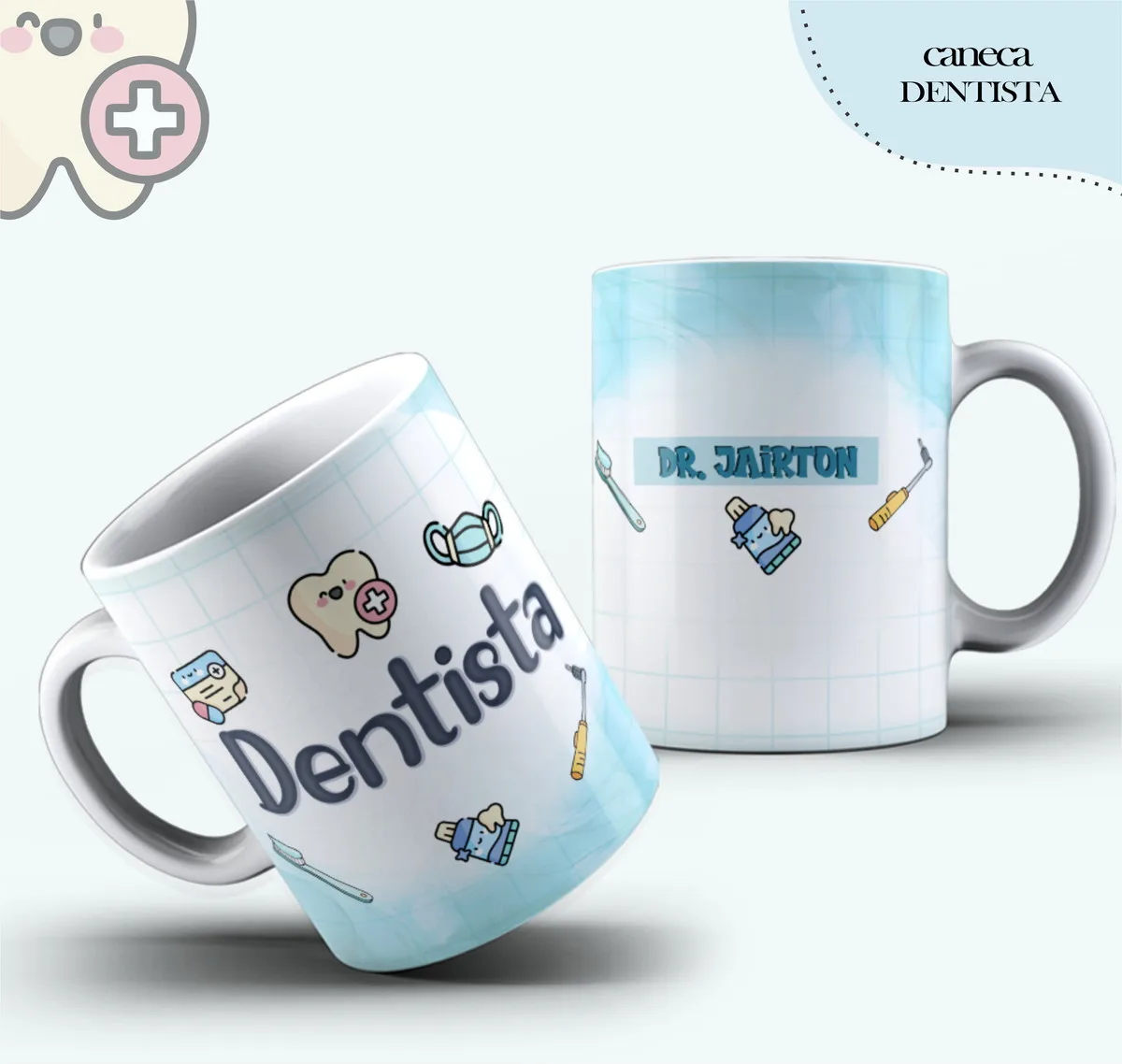 Duas canecas brancas com ilustrações temáticas de odontologia em tons de azul claro.