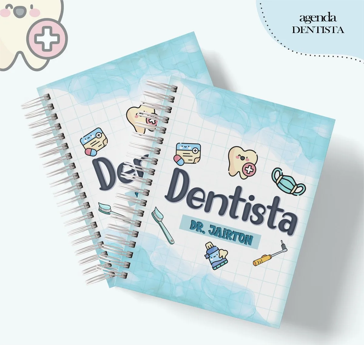 Duas agendas espirais azuis com tema de dentista e ilustrações fofas.