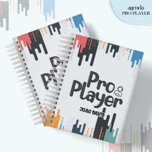 Duas agendas em espiral com design colorido e elementos gráficos de videogames.
