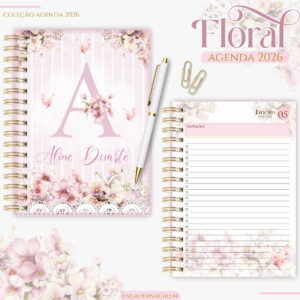 Agenda Rosa Floral 2026 Arquivo Digital Encadernação