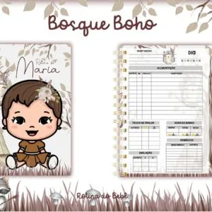 Agenda com ilustração de menina estilo boho e página de rotina diária infantil