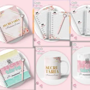 Agenda Secretária Feminina 2 Conjunto de arte digital com agendas e canecas personalizadas em tons pastéis.