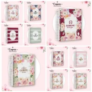 Coleção de capas de cadernos personalizados com temas profissionais e floridos variados.