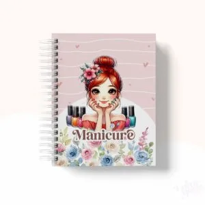 Caderno espiral com capa rosa decorada com ilustração de mulher e esmaltes