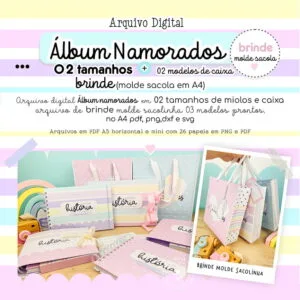 Cartaz de arquivo digital com álbum, caixas e molde de sacola em tons pastel