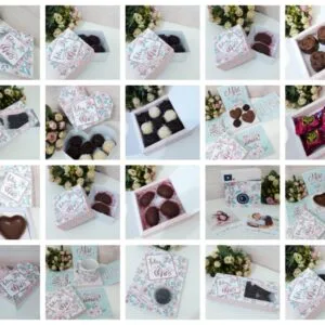Múltiplas fotos exibindo caixas decoradas com chocolates variados e mensagens temáticas