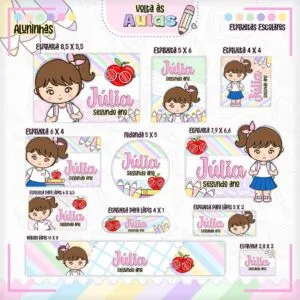 Arquivo de Corte Etiqueta Escolar Aluninhas Menina 33 Conjunto de etiquetas escolares personalizadas com ilustrações de menina e maçã com óculos.