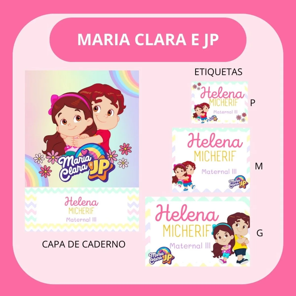 Kit de artes digitais personalizadas com ilustrações de personagens infantis em fundo rosa.