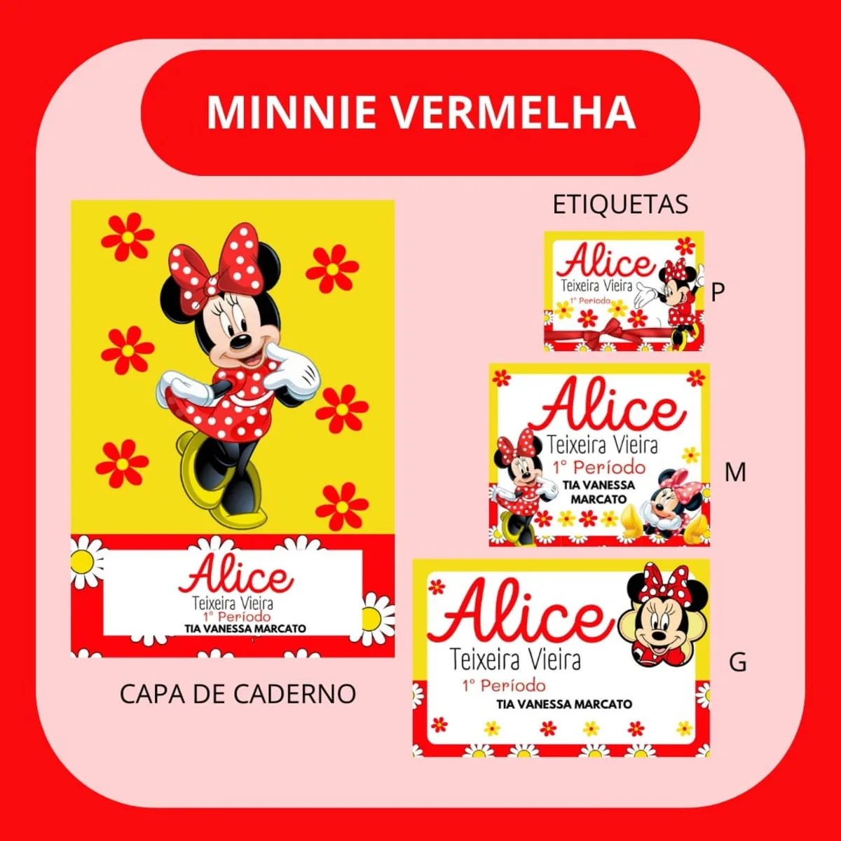 Arquivo de Corte Etiqueta Escolar Minnie Vermelha 1 Conjunto de arte digital com estampa infantil de ratinha e flores vermelhas.