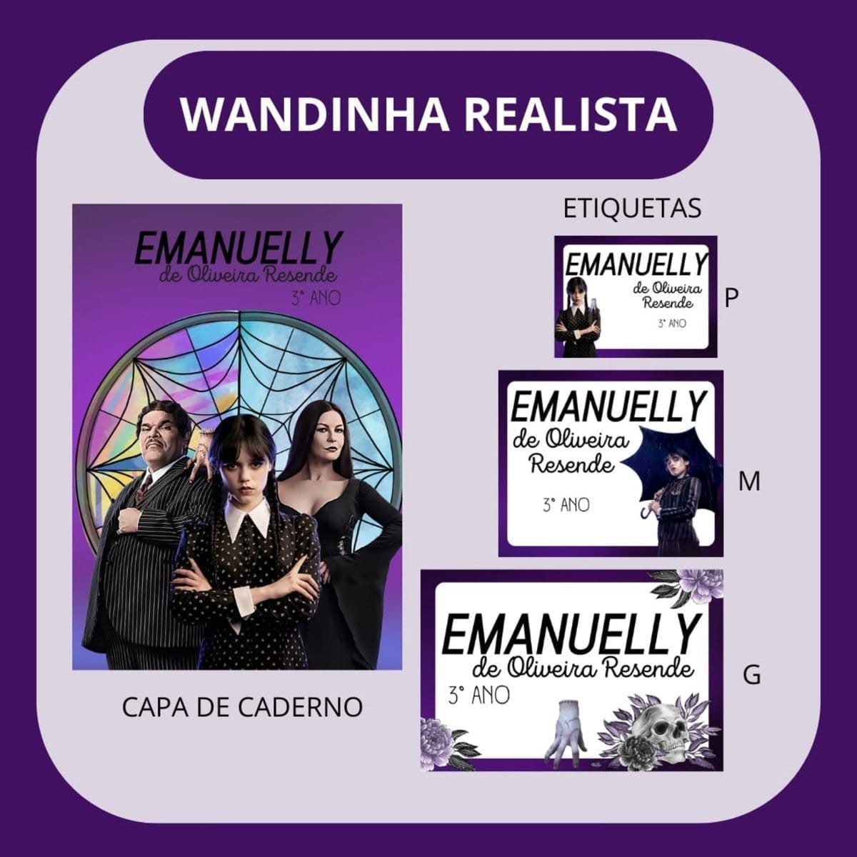 Arquivo de Corte Etiqueta Escolar Wandinha Realista