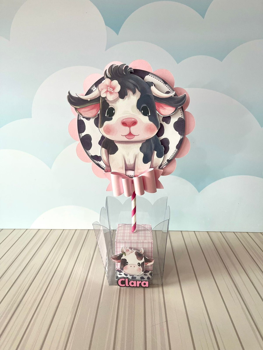 Arquivo de Corte Festa Vaquinha Luxo - Studio e pdf 5 Arte digital de vaquinha fofa com flor rosa, ideal para topo de bolo.