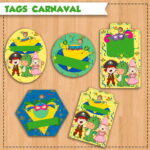 Tags digitais de Carnaval com pirata, dragão, princesa e máscaras coloridas.