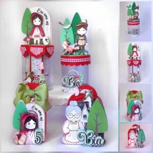 Caixas decorativas de papelaria personalizada com personagens de contos de fadas para festa infantil.