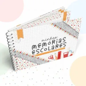 Álbum digital com capa quadriculada, espiral, ilustrações escolares e texto temático.