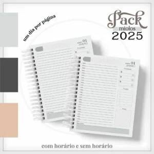 Duas agendas espiraladas abertas exibindo páginas de planejamento diário com horários.