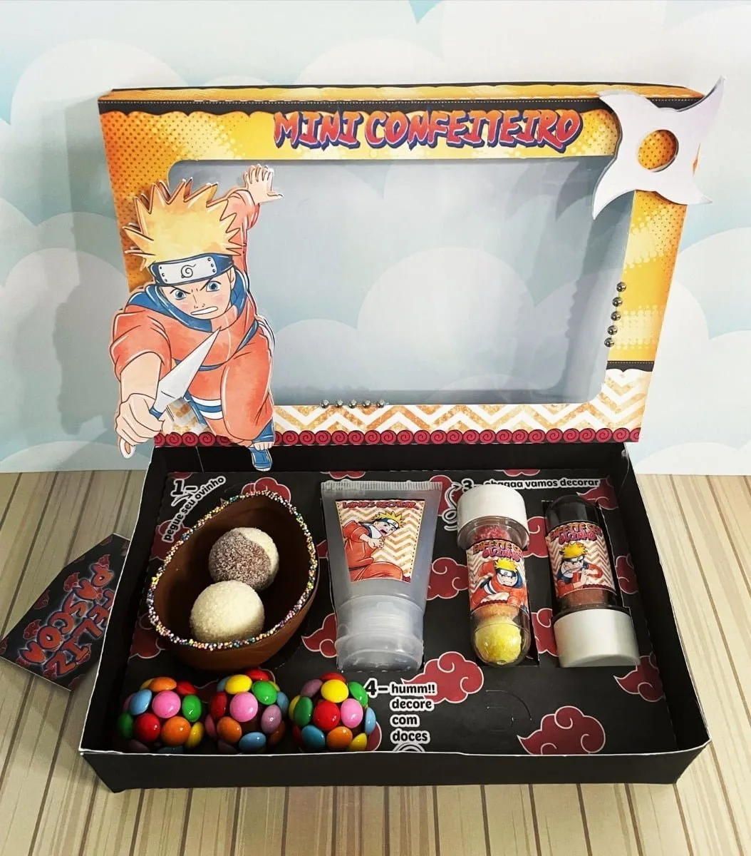 Arquivos De Corte Páscoa Naruto Mini Confeiteiro 2 Caixa decorada com personagem de anime, doces e potes sobre fundo de nuvens.