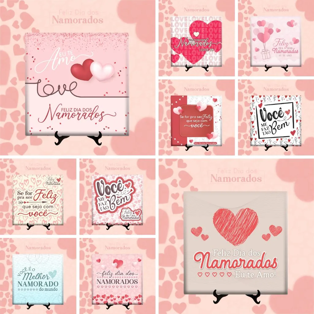 Arquivos Sublimação Azulejos Dia dos Namorados 2023 Editável 1 Cartões quadrados com corações e frases românticas em fundo rosa