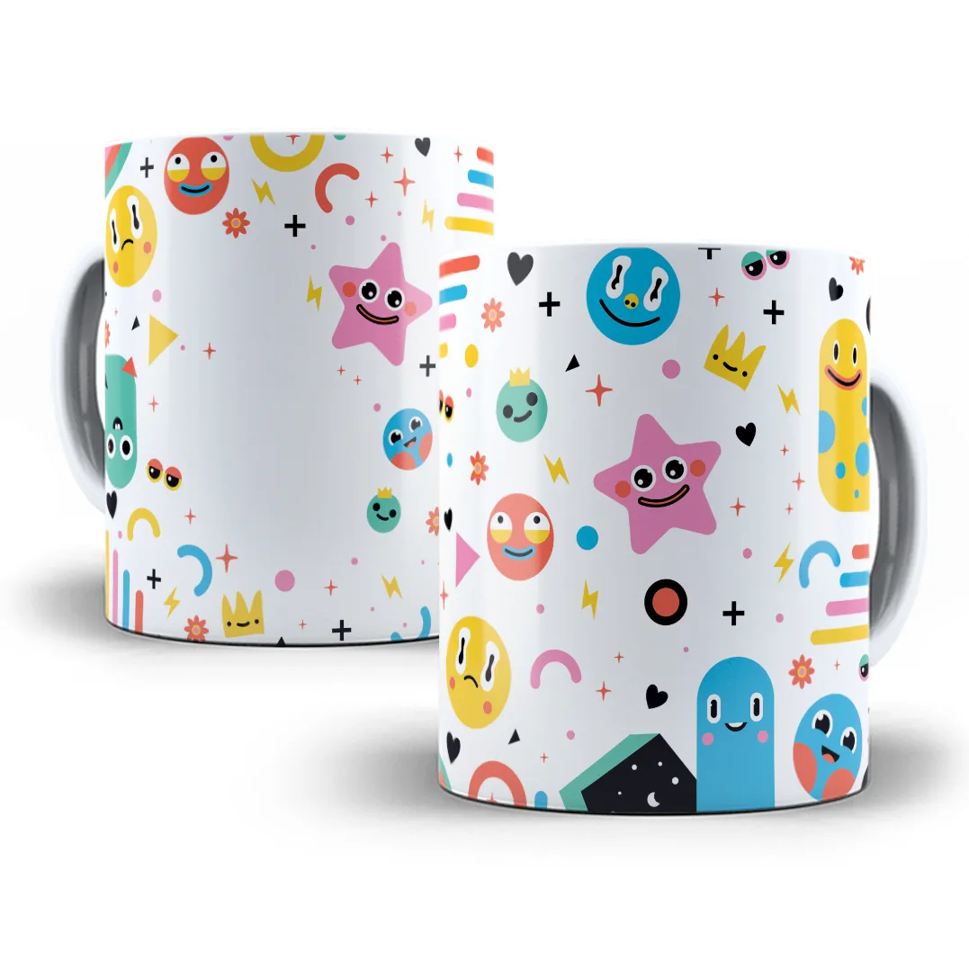 Arte Caneca A Fase Ruim Vai Passar... Por Cima De Mim Frase 3 Padrão digital colorido com carinhas, estrelas e formas geométricas