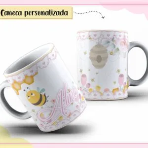 Duas canecas brancas estampadas com desenho de abelha, colmeia, flores e detalhes em renda.