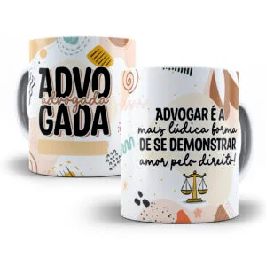 Arte com letras ADVOGADA, frase sobre advocacia e balança da justiça em fundo pastel