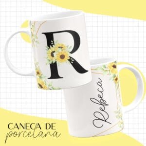 Arte Caneca Alfabeto Floral Amarelo