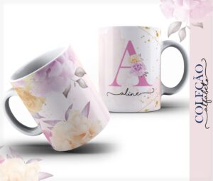 Arte Caneca Alfabeto Floral Rosa