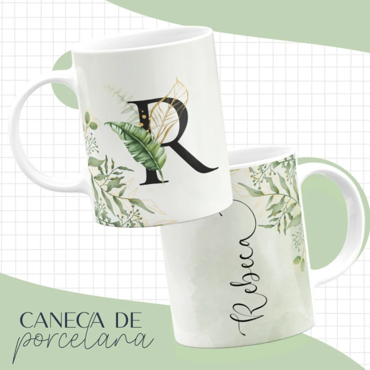 Duas canecas de porcelana branca com estampa de folhas verdes e letras cursivas pretas.