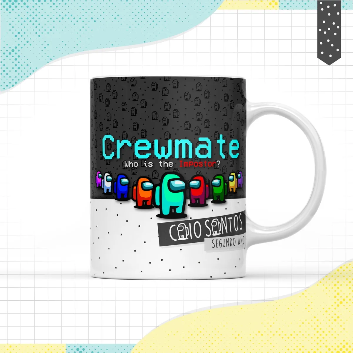 Arte Caneca Among Us 1 Caneca branca estampada com personagens coloridos e texto em fundo preto e branco.
