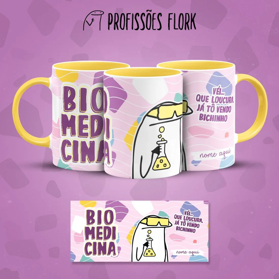Arte Caneca Biomedicina Profissões Flork Arquivo Jpg 1 Três canecas amarelas exibem design de personagem com óculos e béquer, e texto.