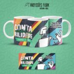Arte digital colorida com designs de contabilidade, incluindo figuras e textos.