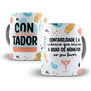 Duas canecas brancas com estampas coloridas e frases sobre contabilidade.