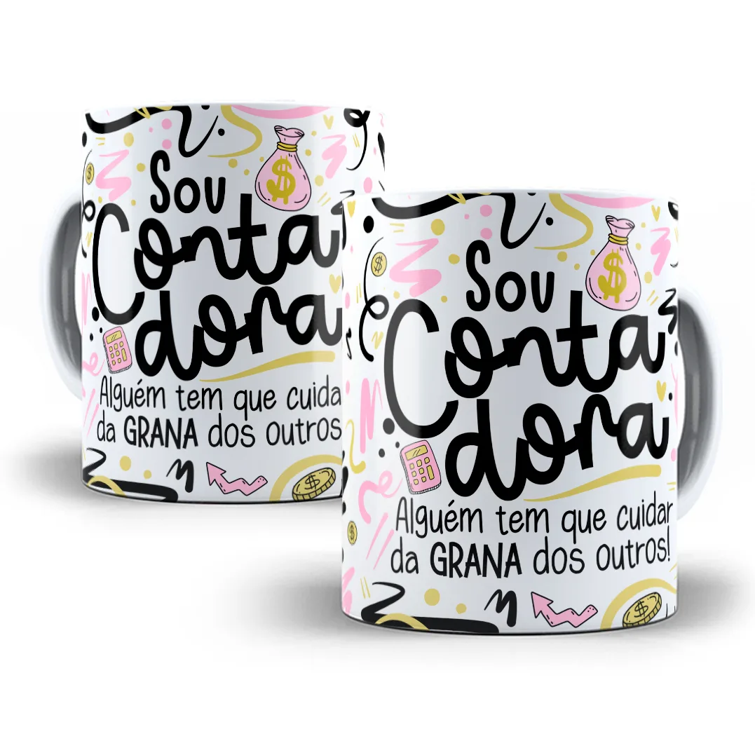 Duas canecas brancas com estampa colorida e divertida sobre contabilidade.