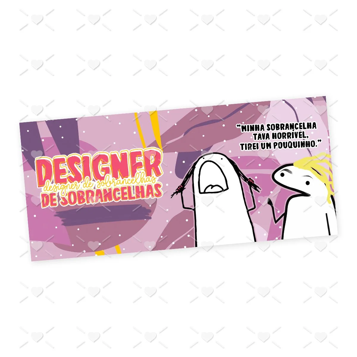 Arte digital com duas figuras de desenho e frase sobre sobrancelhas em fundo lilás