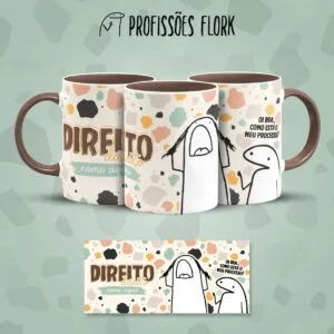 Três canecas e uma faixa com padrão terrazzo, texto e personagens engraçados.